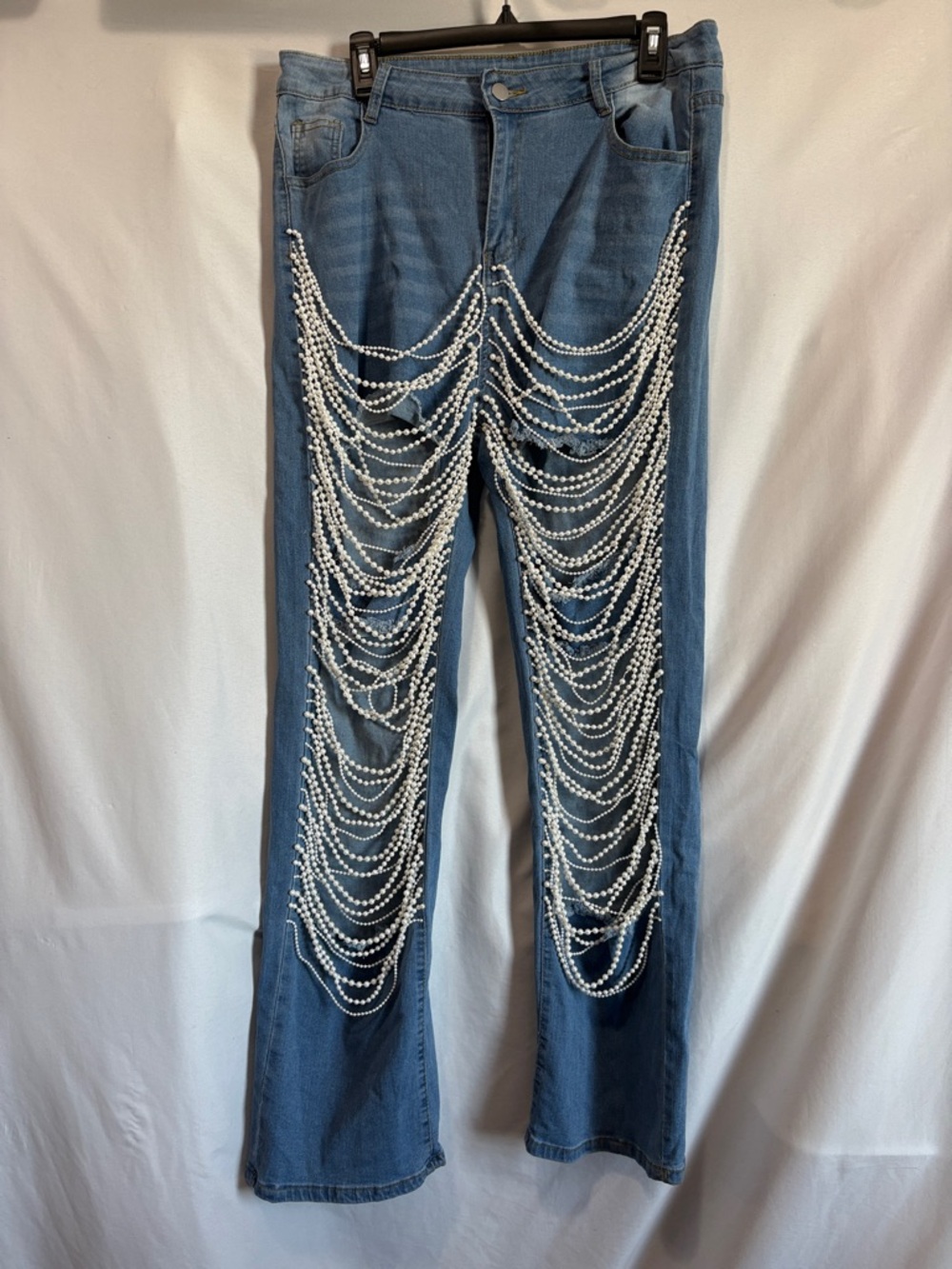 Blue Pearl-Chain Embellished Wide Leg Jeans